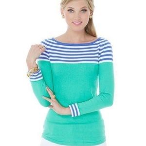 Lilly Pulitzer • Maria Boatneck Green and Navy Striped Sweater Sz M